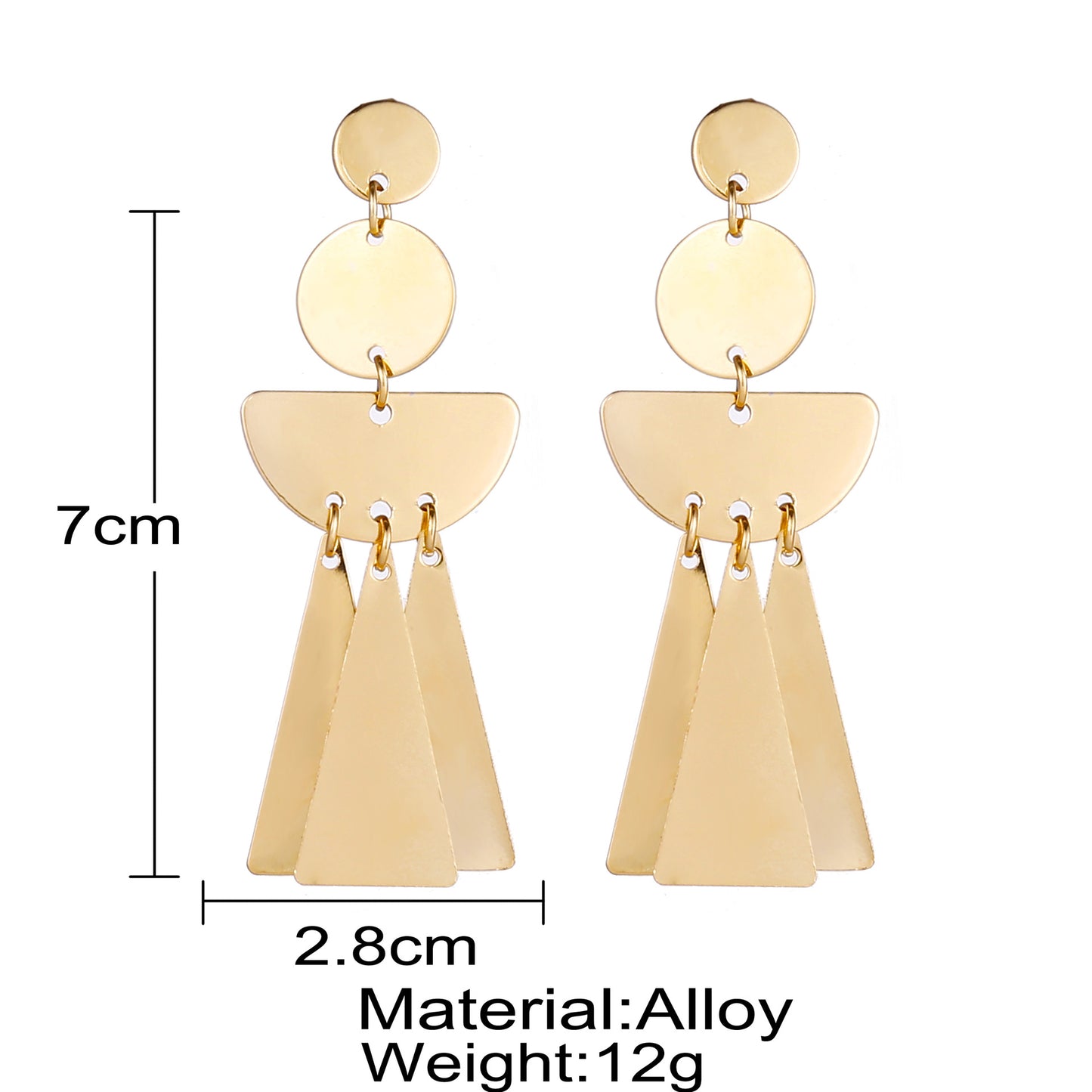 Triangular metal disc fan-shaped tassel earrings