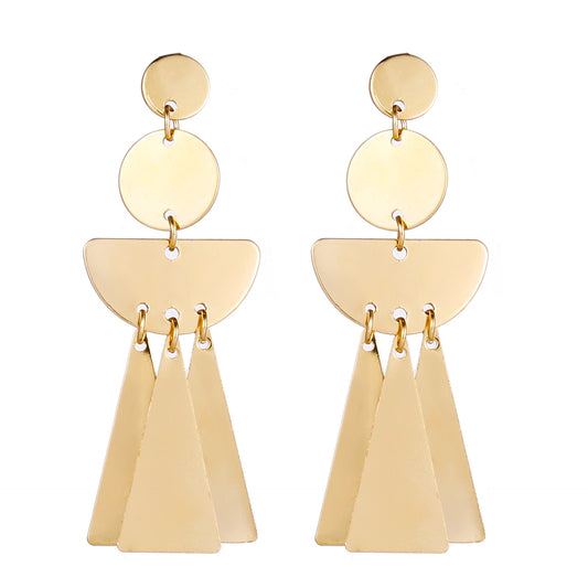 Triangular metal disc fan-shaped tassel earrings