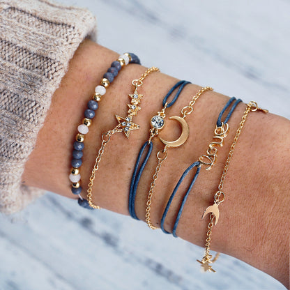 Pulsera de luna y estrella de cinco puntas con letras de amor, conjunto de seis piezas