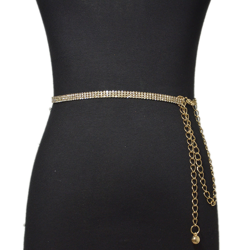 Three rows of rhinestone metal decorative waist chain