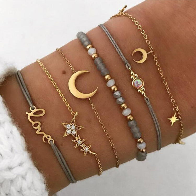 Pulsera de luna y estrella de cinco puntas con letras de amor, conjunto de seis piezas