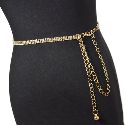 Three rows of rhinestone metal decorative waist chain