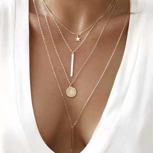 Multi-layered necklace with disc vertical bar pendant