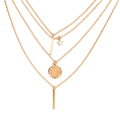 Multi-layered necklace with disc vertical bar pendant