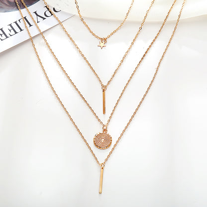 Multi-layered necklace with disc vertical bar pendant