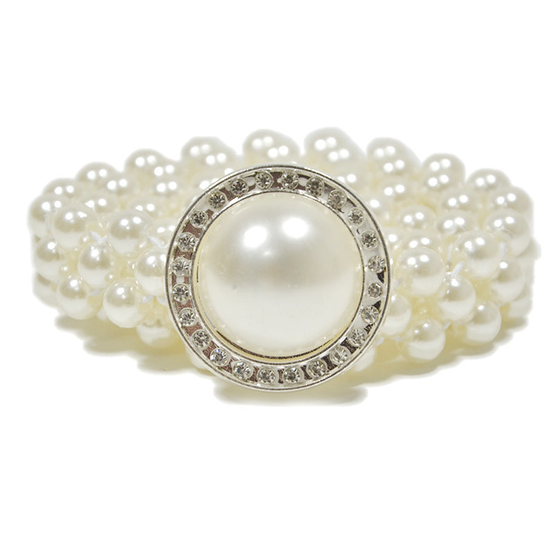 Three-row elastic pearl waist chain