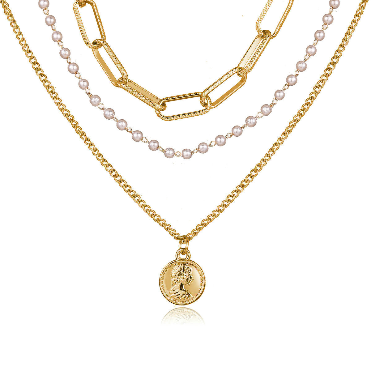 Portrait Pearl Chain Multi-layer Necklace