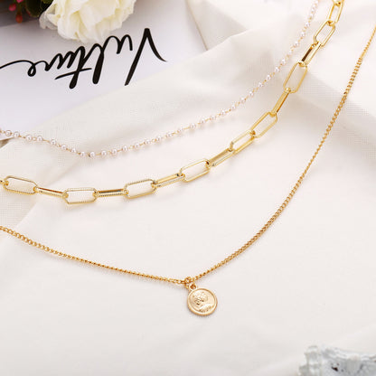 Portrait Pearl Chain Multi-layer Necklace