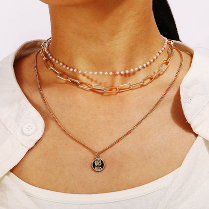 Portrait Pearl Chain Multi-layer Necklace