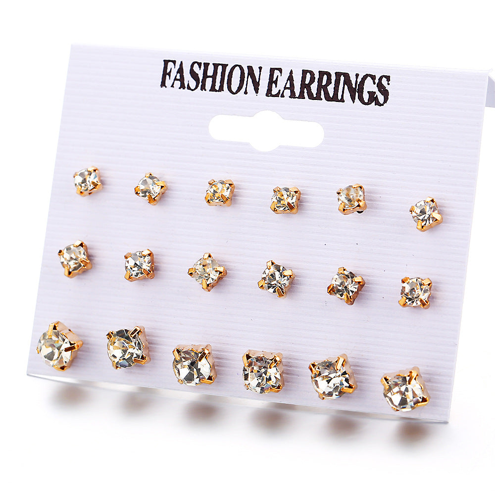 Set of 9 pairs of four-claw zircon earrings