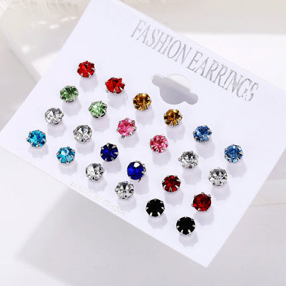 12 pairs of round zircon clip-on earrings