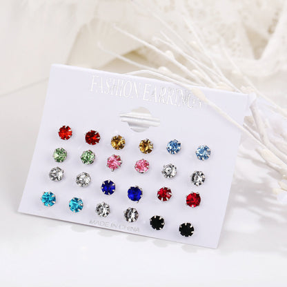 12 pairs of round zircon clip-on earrings