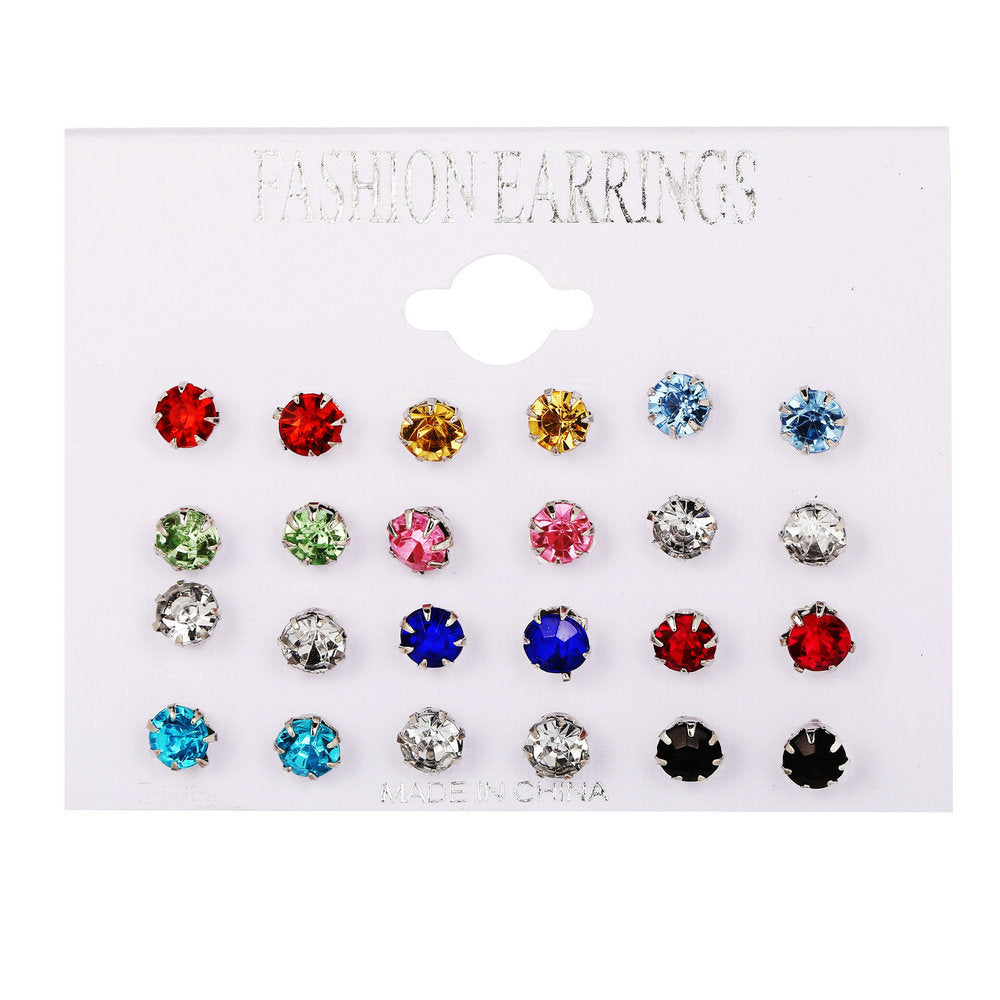 12 pairs of round zircon clip-on earrings