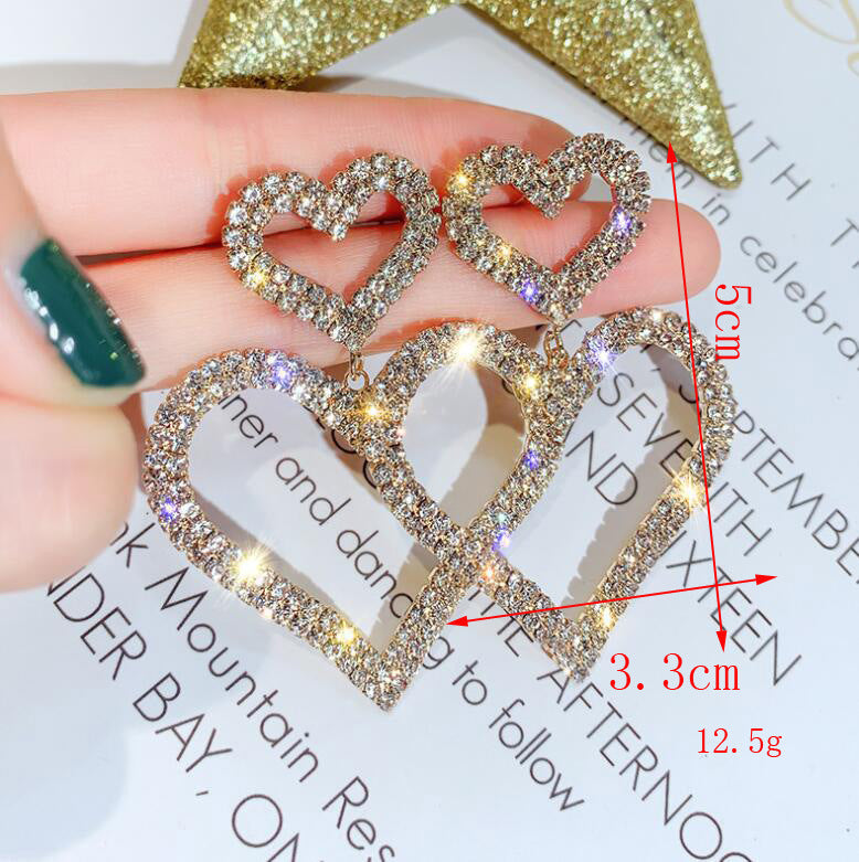 Diamond-set S925 silver needle double love earrings