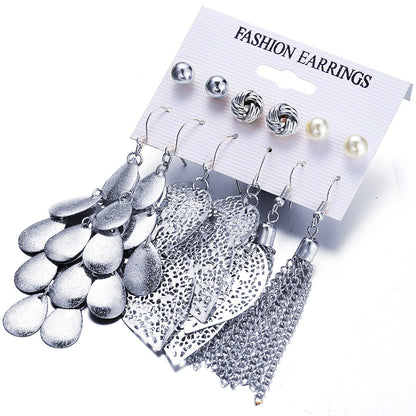 6 pairs of pearl earrings set with leaf weaving