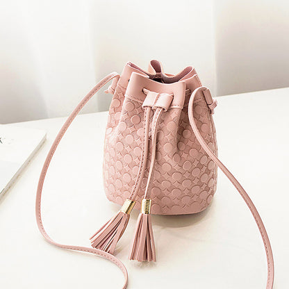 Embossed double fringed bucket bag