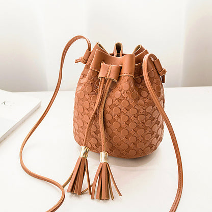 Embossed double fringed bucket bag