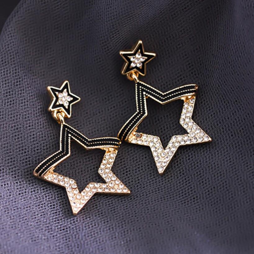 Rhinestone pentagram hollow earrings female