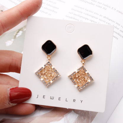 925 silver needle square rose stud earrings