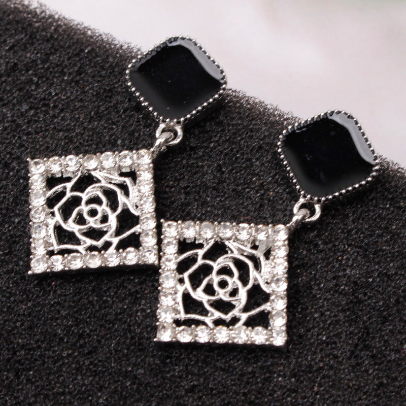 925 silver needle square rose stud earrings