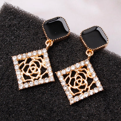 925 silver needle square rose stud earrings