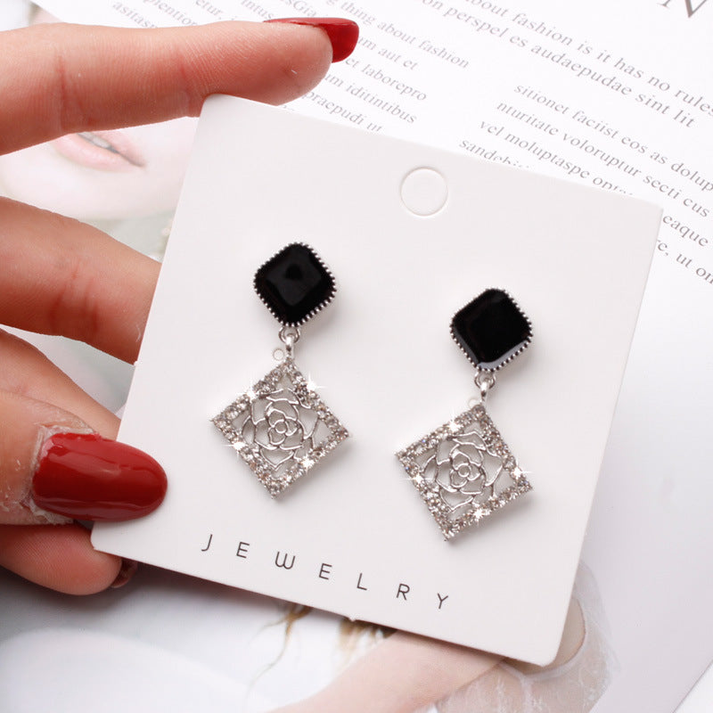 925 silver needle square rose stud earrings