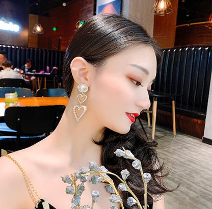 Love imitation pearl rhinestone long earrings