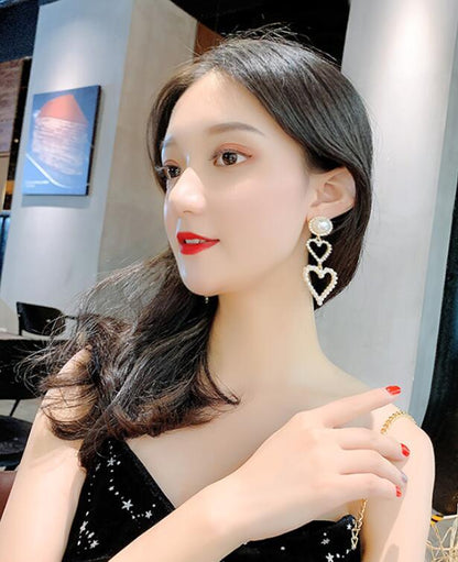 Love imitation pearl rhinestone long earrings