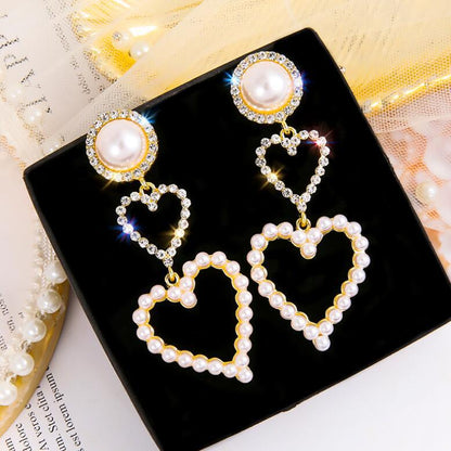 Love imitation pearl rhinestone long earrings