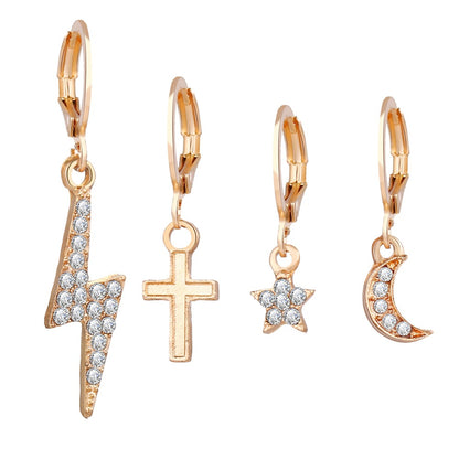 Lightning Cross Star and Moon Earrings 4-piece Set