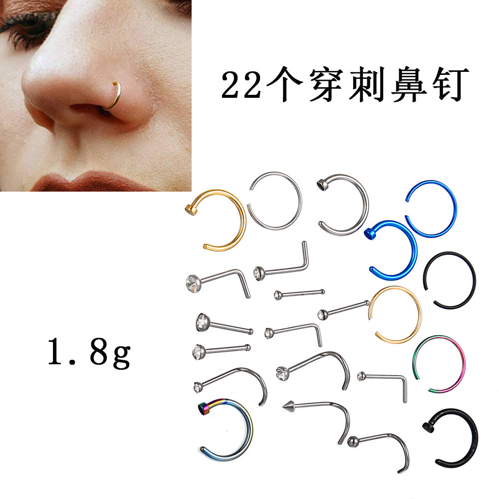 Nose studs C-shaped nose rings 22 piercing mixed set