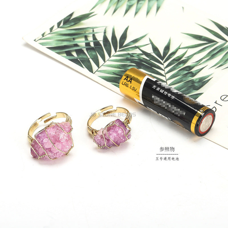 Crystal electroplated rough stone winding ring