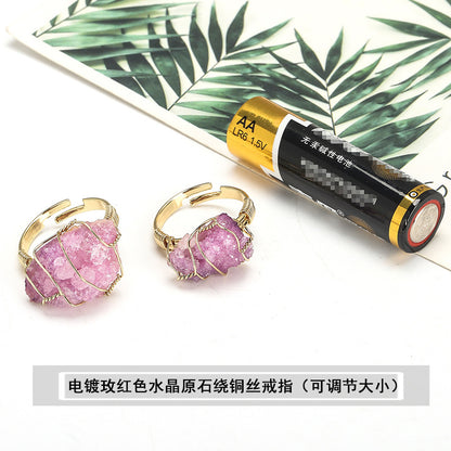 Crystal electroplated rough stone winding ring