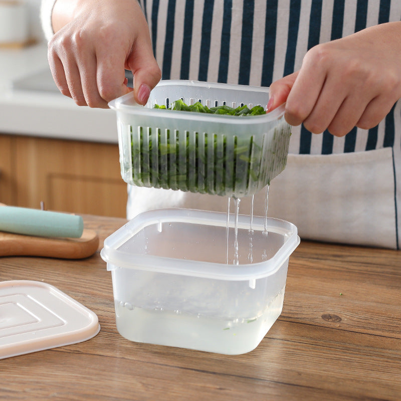 Storage Box, Refrigerator Fruit & Vegetable Container with Lid and Draining Tray