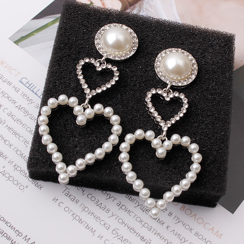 Love imitation pearl rhinestone long earrings