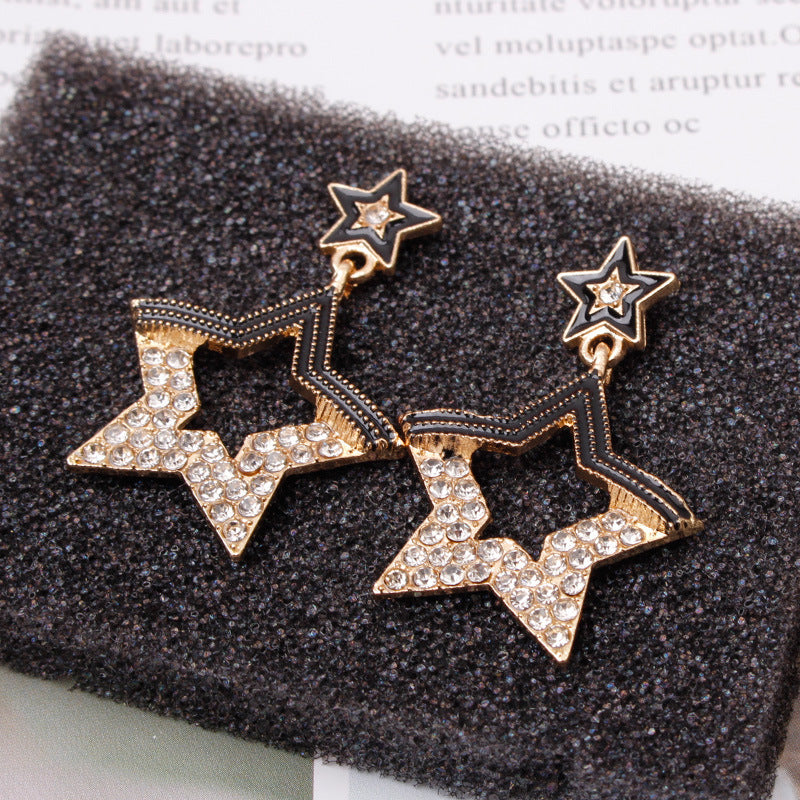 Rhinestone pentagram hollow earrings female