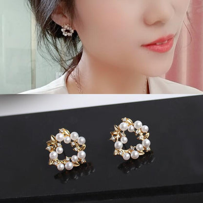 Imitation pearl garland rhinestone earrings