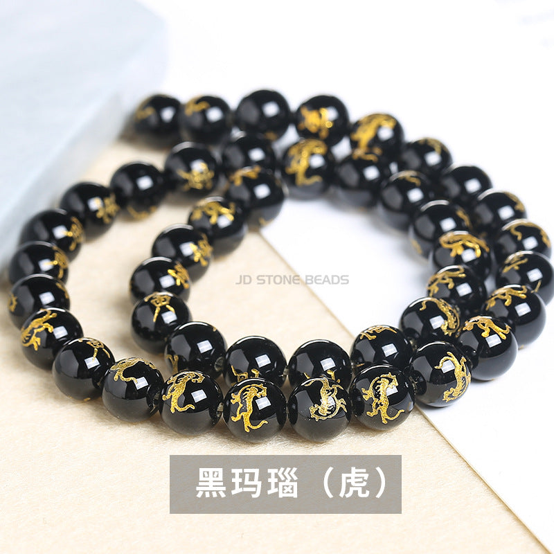 Zodiac loose beads, black agate bronzing zodiac round beads