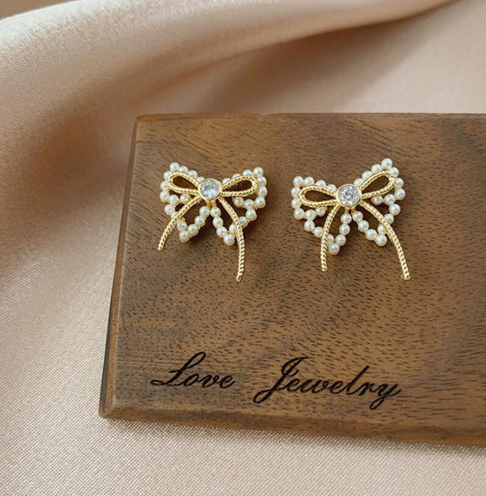 925 Silver Needle Bow Imitation Pearl Earrings