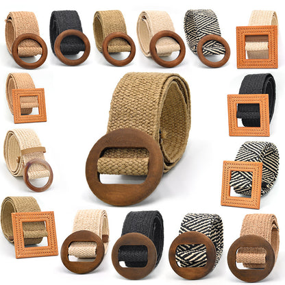 Wooden buckle braided rubber band belt