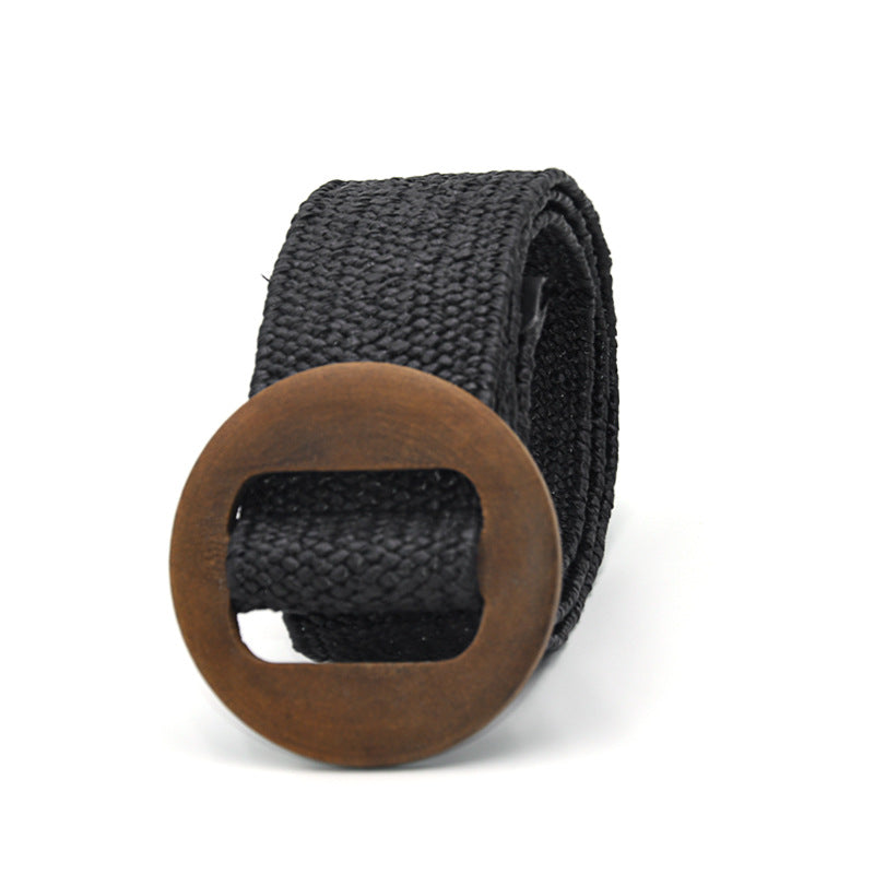 Wooden buckle braided rubber band belt