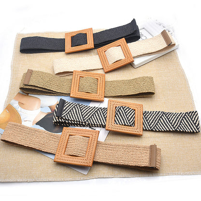 Wooden buckle braided rubber band belt