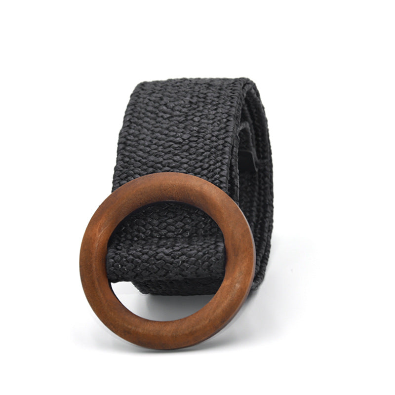 Wooden buckle braided rubber band belt