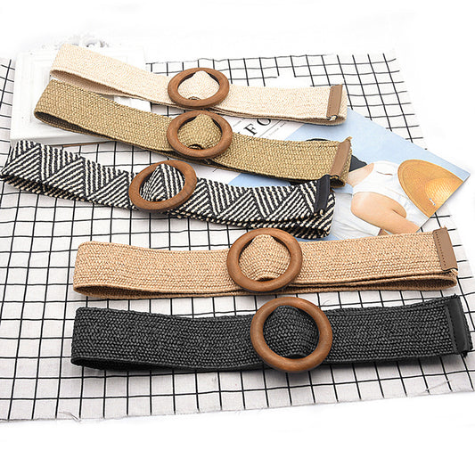 Wooden buckle braided rubber band belt