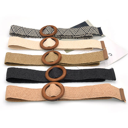 Wooden buckle braided rubber band belt