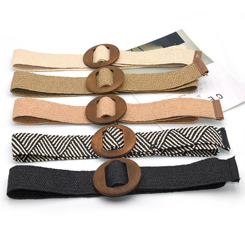 Wooden buckle braided rubber band belt