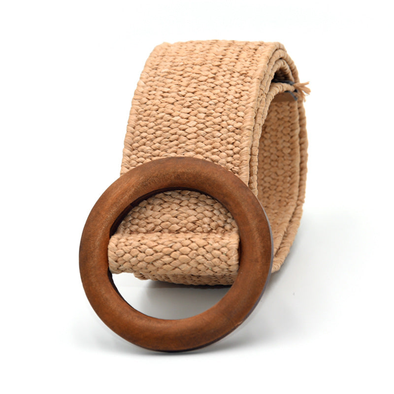 Wooden buckle braided rubber band belt