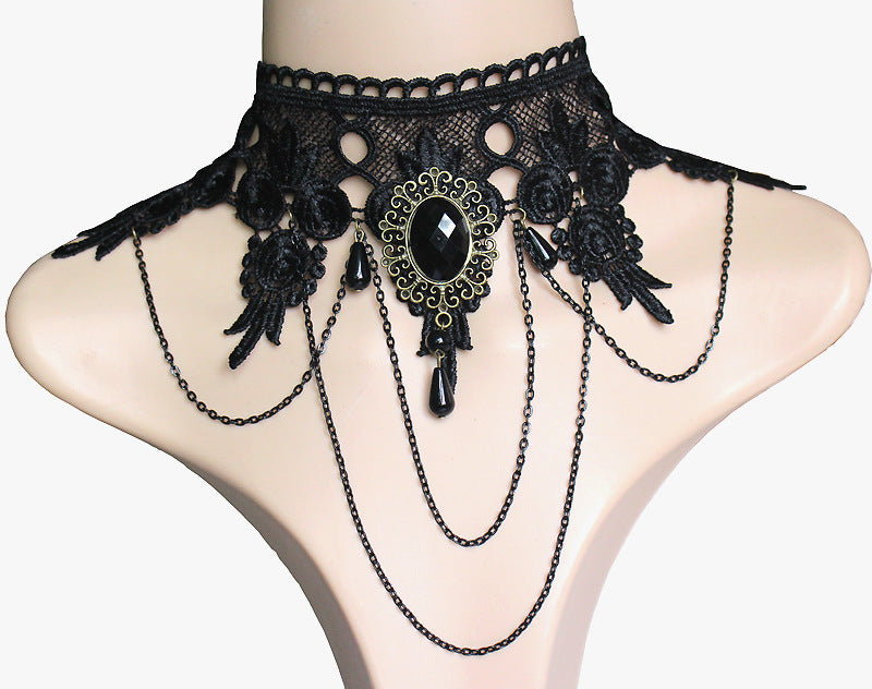 Jewel Wide Neck Black Lace Necklace