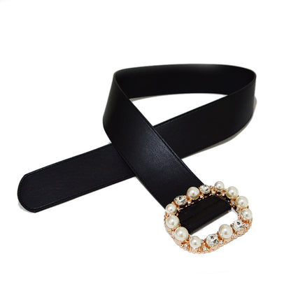 Wide Belt Fashion Pearl Rhinestone Square Buckle