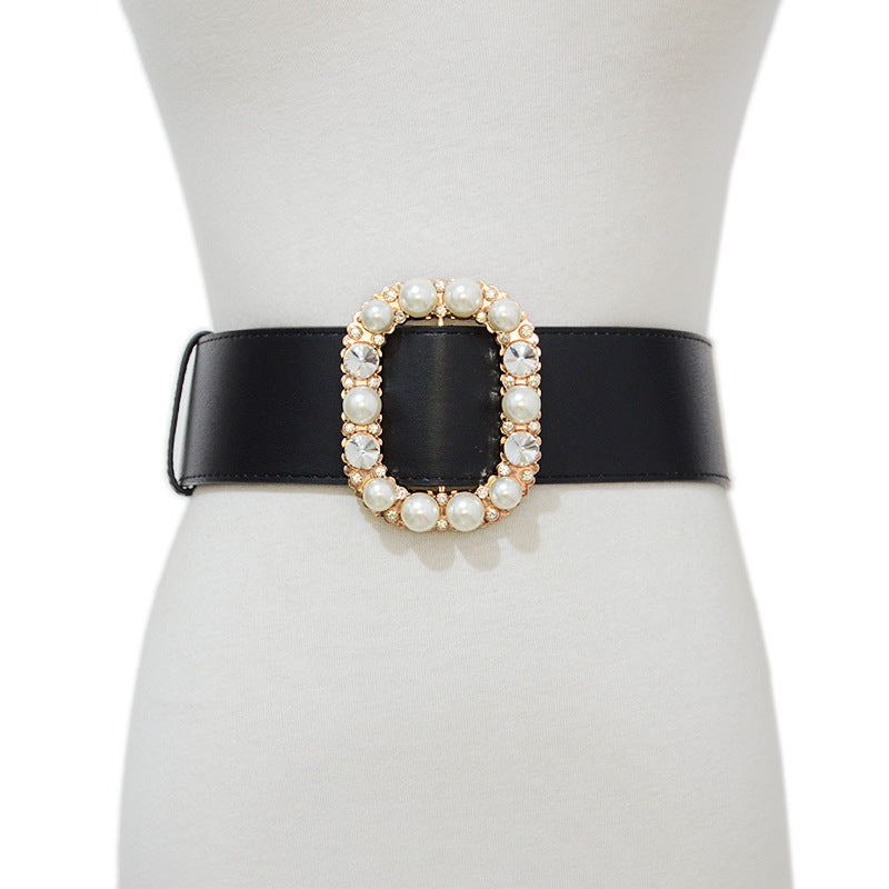 Wide Belt Fashion Pearl Rhinestone Square Buckle